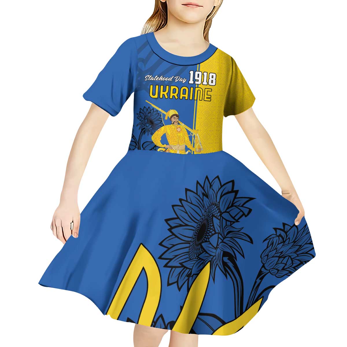Ukraine Statehood Day 1918 Kid Short Sleeve Dress Coat Of Arms With Ukrainian Folk Pattern