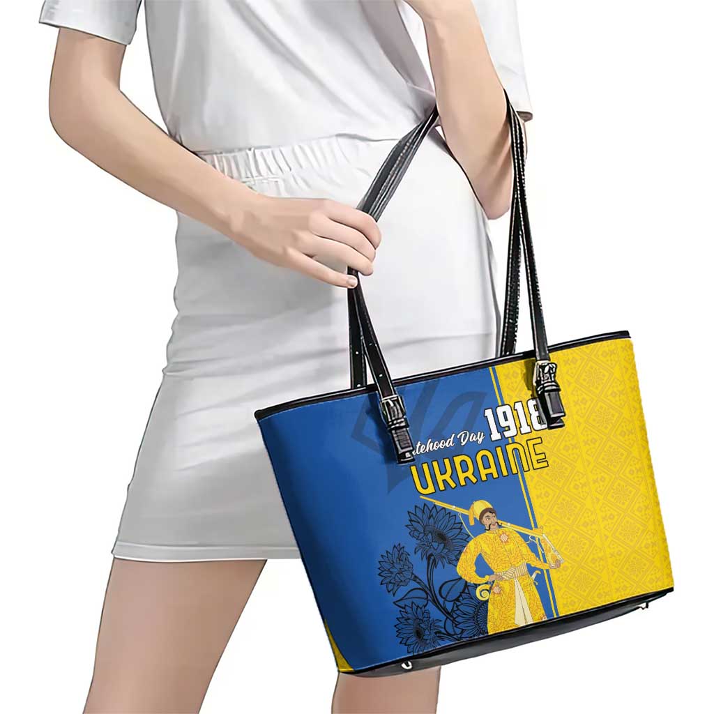 Ukraine Statehood Day 1918 Leather Tote Bag Coat Of Arms With Ukrainian Folk Pattern