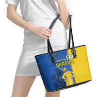 Ukraine Statehood Day 1918 Leather Tote Bag Coat Of Arms With Ukrainian Folk Pattern