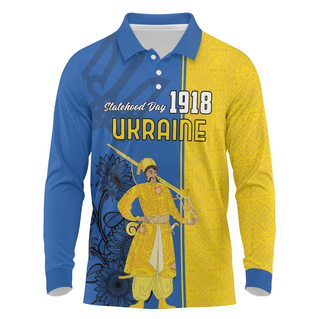 Ukraine Statehood Day 1918 Long Sleeve Polo Shirt Coat Of Arms With Ukrainian Folk Pattern