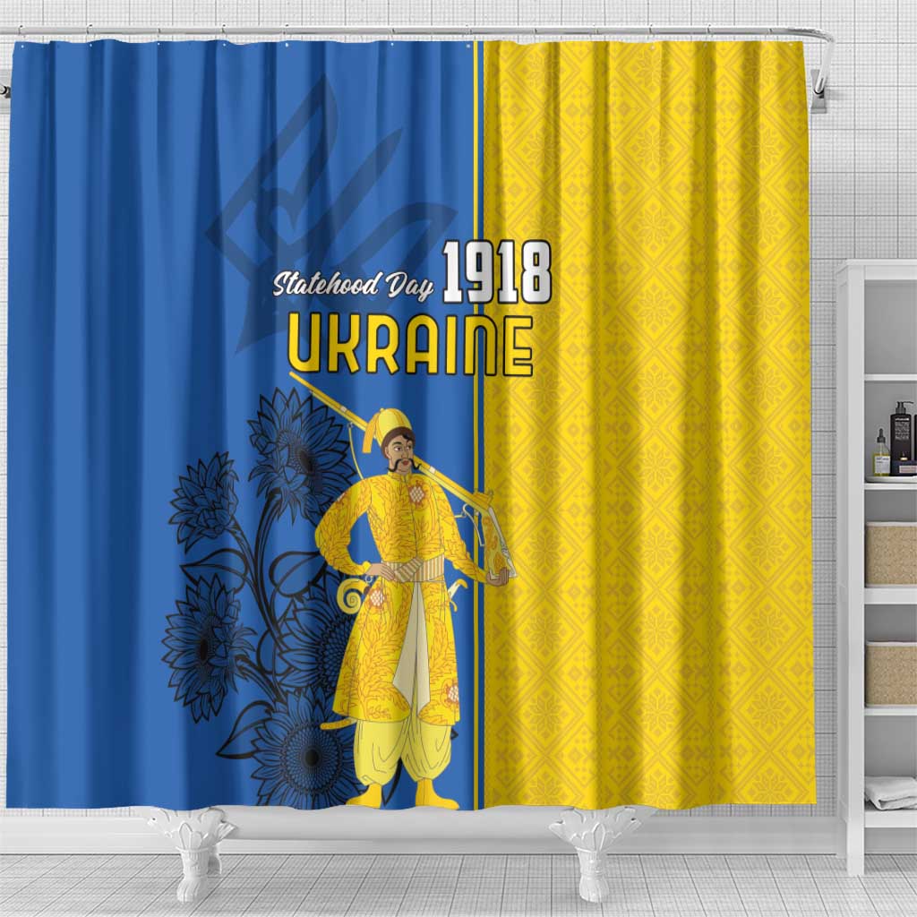 Ukraine Statehood Day 1918 Shower Curtain Coat Of Arms With Ukrainian Folk Pattern