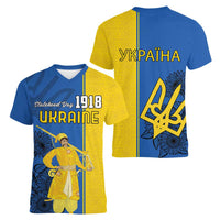 Ukraine Statehood Day 1918 Women V-Neck T-Shirt Coat Of Arms With Ukrainian Folk Pattern