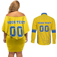 Custom Ukraine Football Couples Matching Off Shoulder Short Dress and Long Sleeve Button Shirt Come On Zbirna Yellow Version