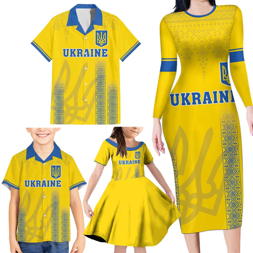 Custom Ukraine Football Family Matching Long Sleeve Bodycon Dress and Hawaiian Shirt Come On Zbirna Yellow Version