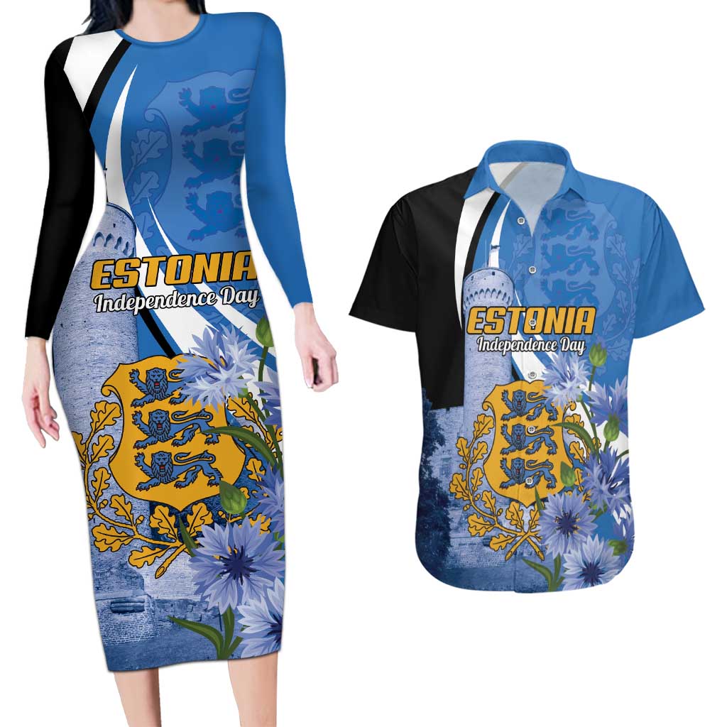 Estonia Independence Day Personalized Couples Matching Long Sleeve Bodycon Dress and Hawaiian Shirt Pikk Hermann Tower Estonian Pride