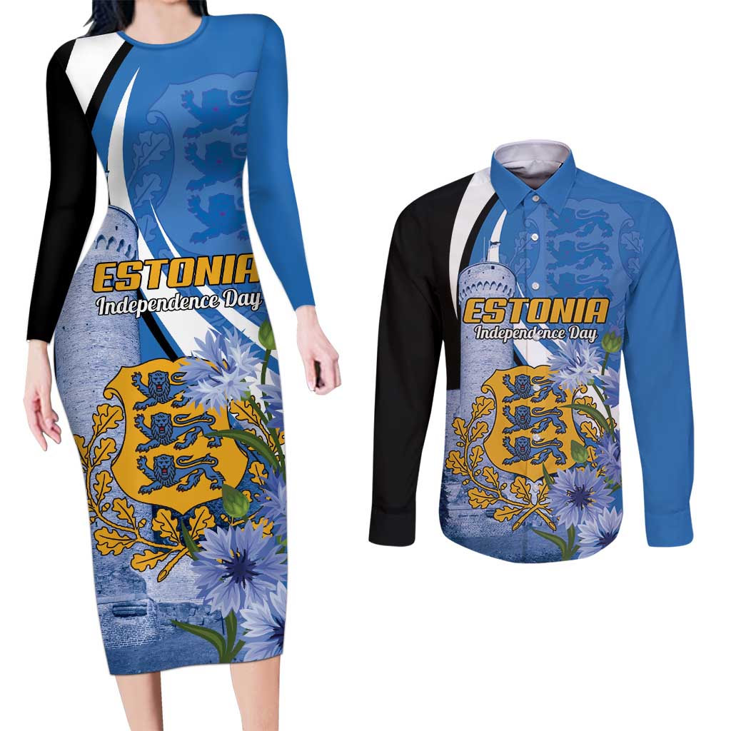 Estonia Independence Day Personalized Couples Matching Long Sleeve Bodycon Dress and Long Sleeve Button Shirt Pikk Hermann Tower Estonian Pride