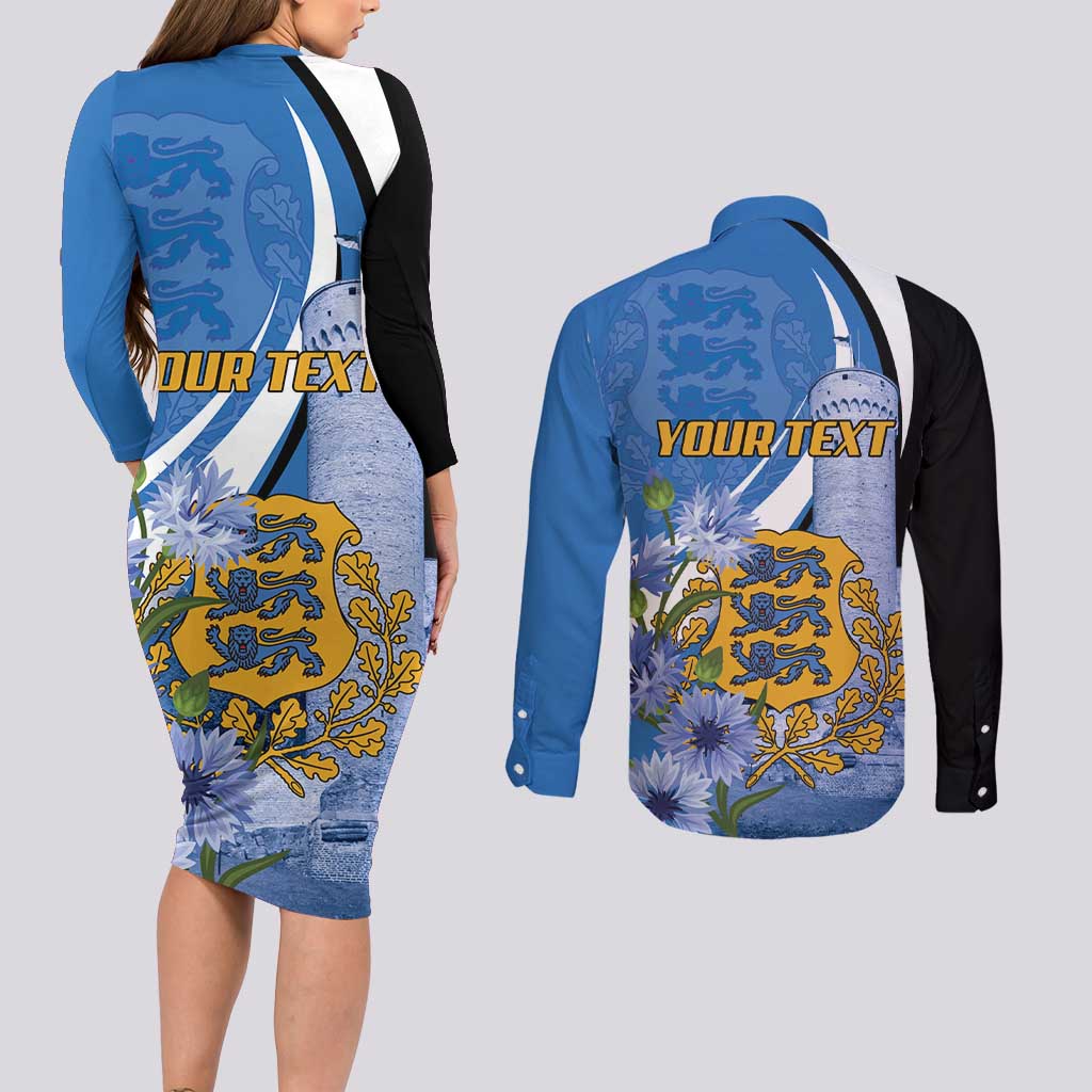 Estonia Independence Day Personalized Couples Matching Long Sleeve Bodycon Dress and Long Sleeve Button Shirt Pikk Hermann Tower Estonian Pride