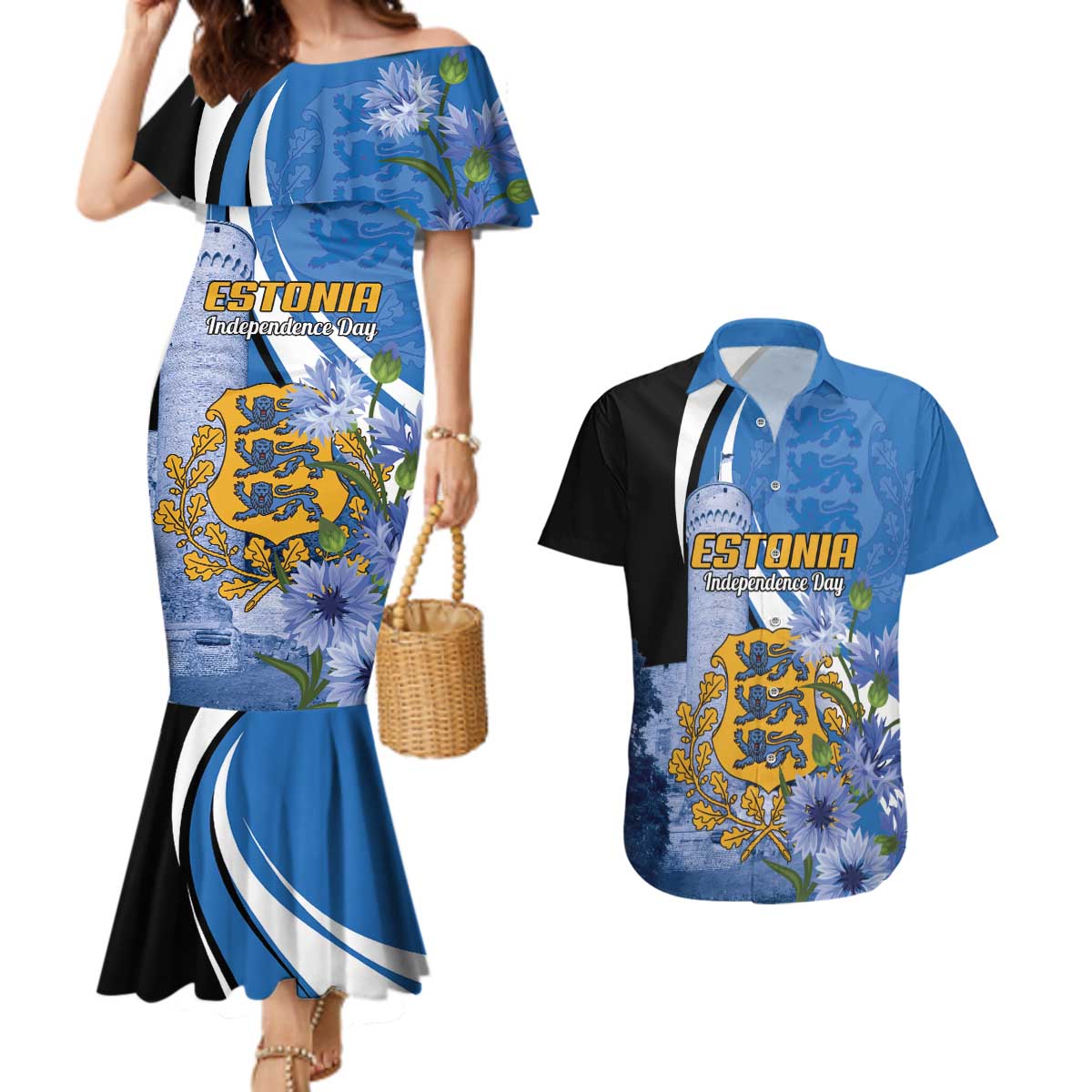 Estonia Independence Day Personalized Couples Matching Mermaid Dress and Hawaiian Shirt Pikk Hermann Tower Estonian Pride