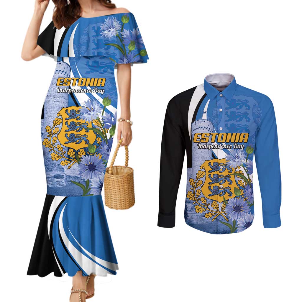 Estonia Independence Day Personalized Couples Matching Mermaid Dress and Long Sleeve Button Shirt Pikk Hermann Tower Estonian Pride