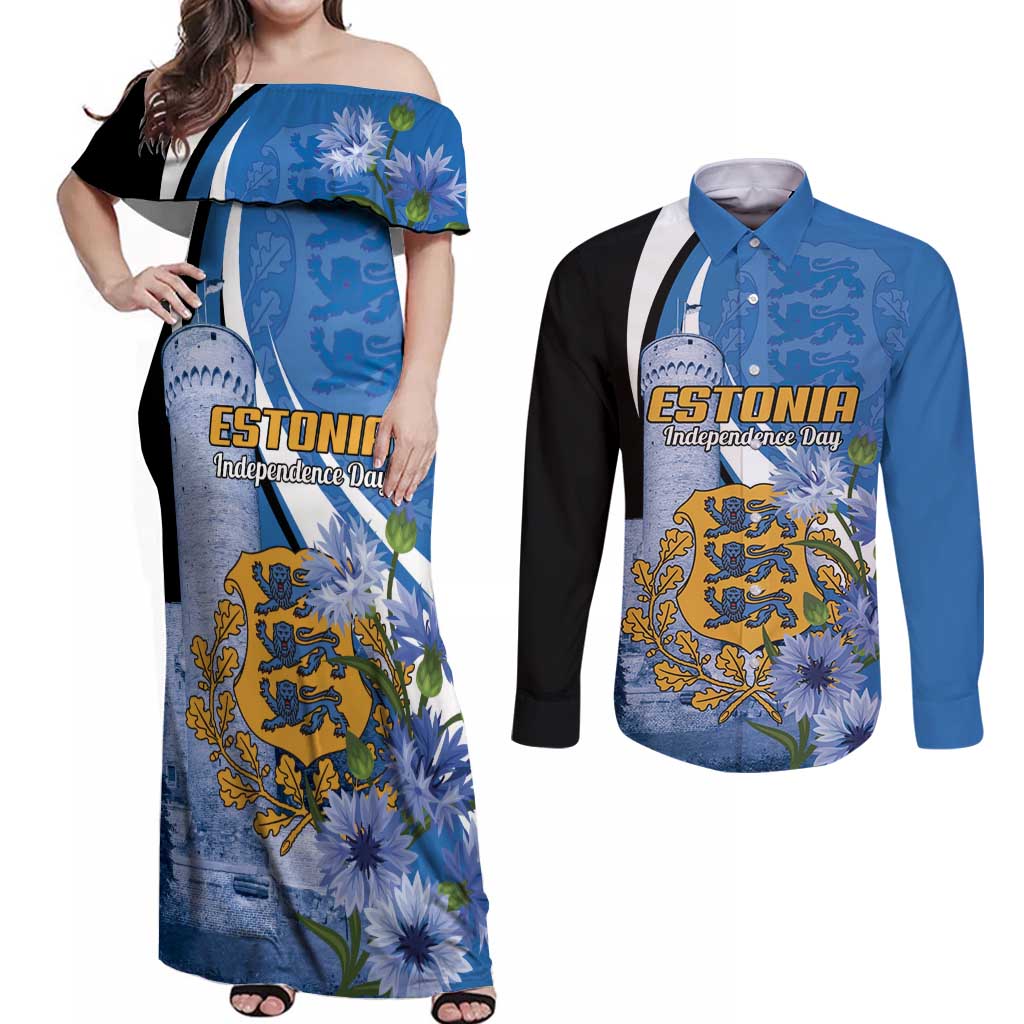 Estonia Independence Day Personalized Couples Matching Off Shoulder Maxi Dress and Long Sleeve Button Shirt Pikk Hermann Tower Estonian Pride