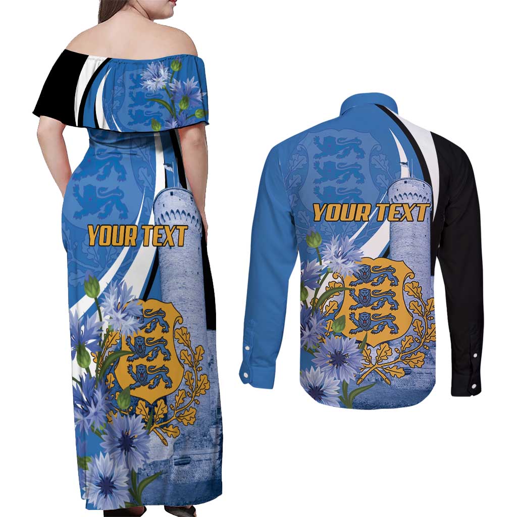 Estonia Independence Day Personalized Couples Matching Off Shoulder Maxi Dress and Long Sleeve Button Shirt Pikk Hermann Tower Estonian Pride