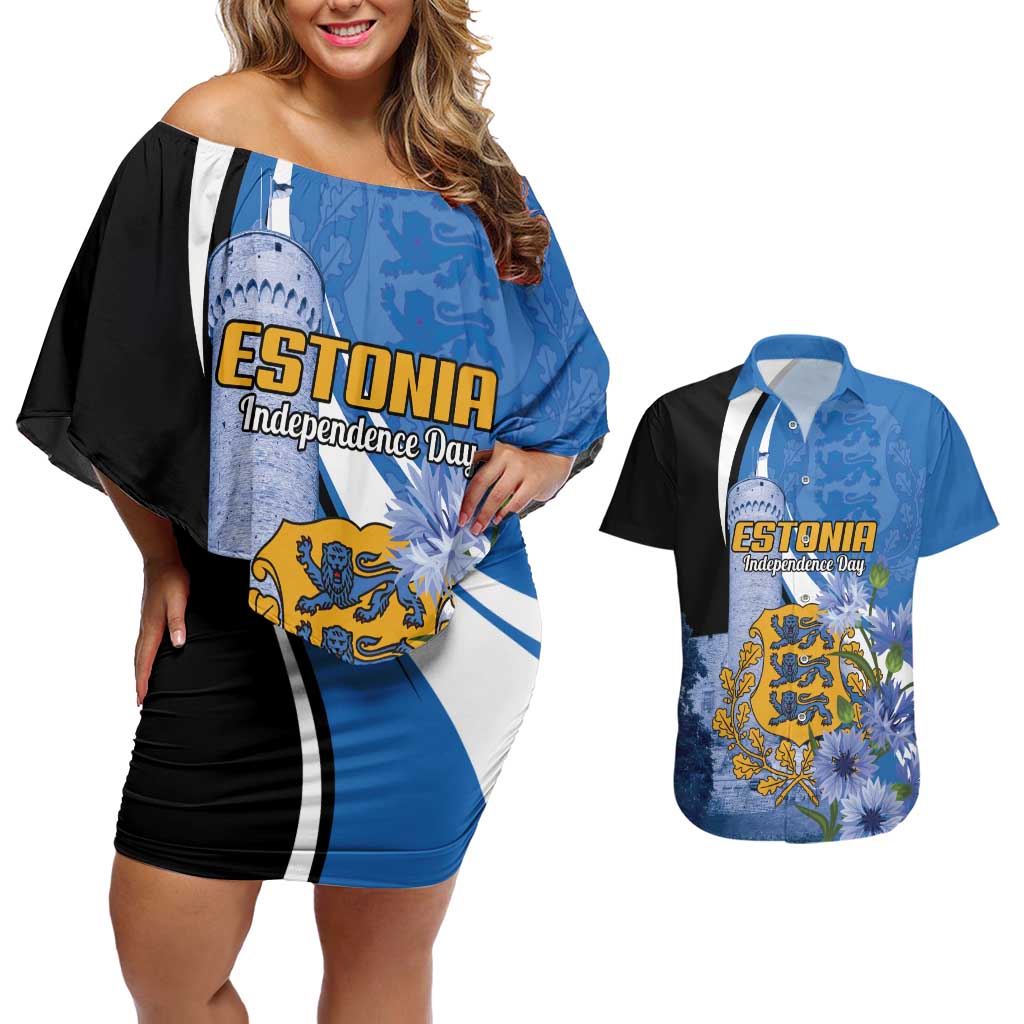 Estonia Independence Day Personalized Couples Matching Off Shoulder Short Dress and Hawaiian Shirt Pikk Hermann Tower Estonian Pride