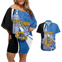 Estonia Independence Day Personalized Couples Matching Off Shoulder Short Dress and Hawaiian Shirt Pikk Hermann Tower Estonian Pride