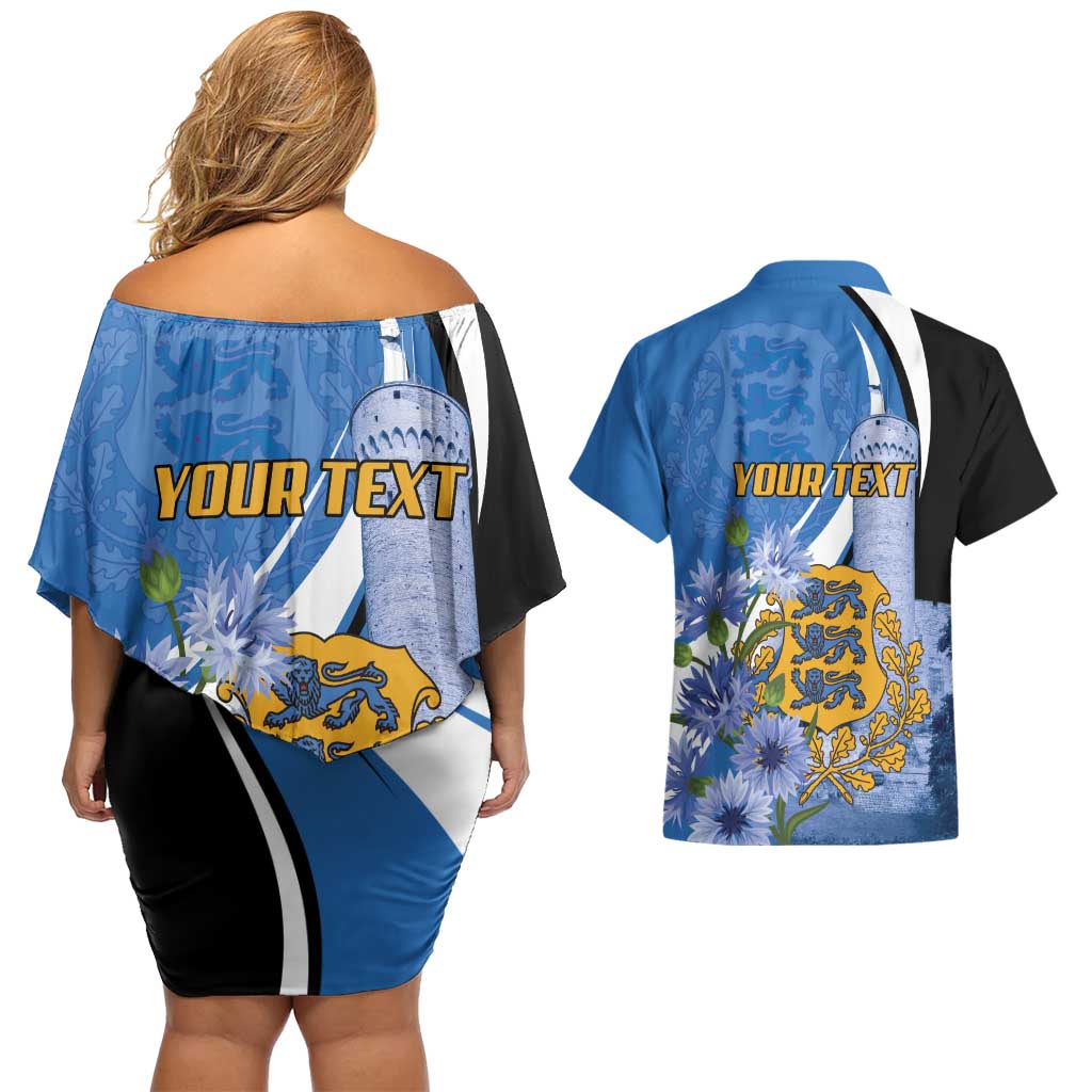 Estonia Independence Day Personalized Couples Matching Off Shoulder Short Dress and Hawaiian Shirt Pikk Hermann Tower Estonian Pride