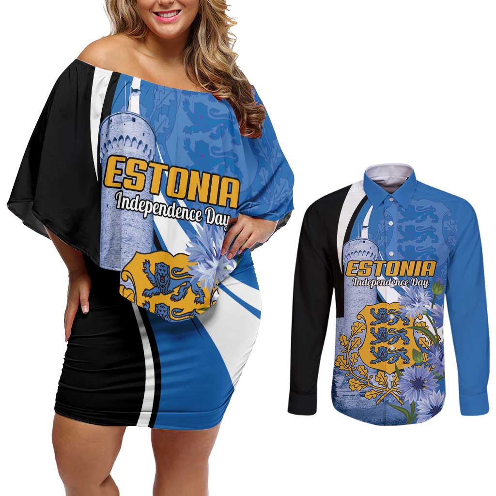 Estonia Independence Day Personalized Couples Matching Off Shoulder Short Dress and Long Sleeve Button Shirt Pikk Hermann Tower Estonian Pride