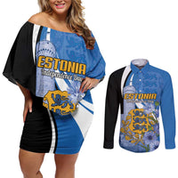 Estonia Independence Day Personalized Couples Matching Off Shoulder Short Dress and Long Sleeve Button Shirt Pikk Hermann Tower Estonian Pride