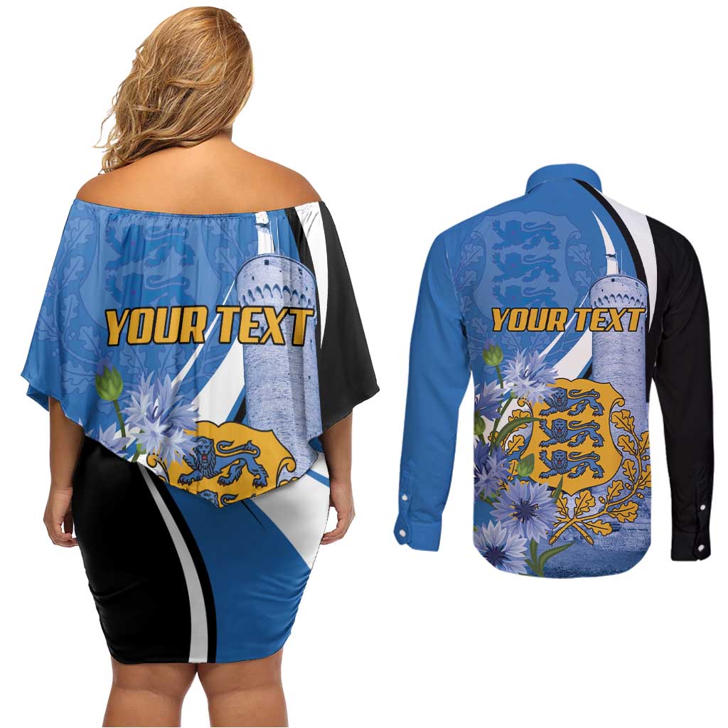 Estonia Independence Day Personalized Couples Matching Off Shoulder Short Dress and Long Sleeve Button Shirt Pikk Hermann Tower Estonian Pride