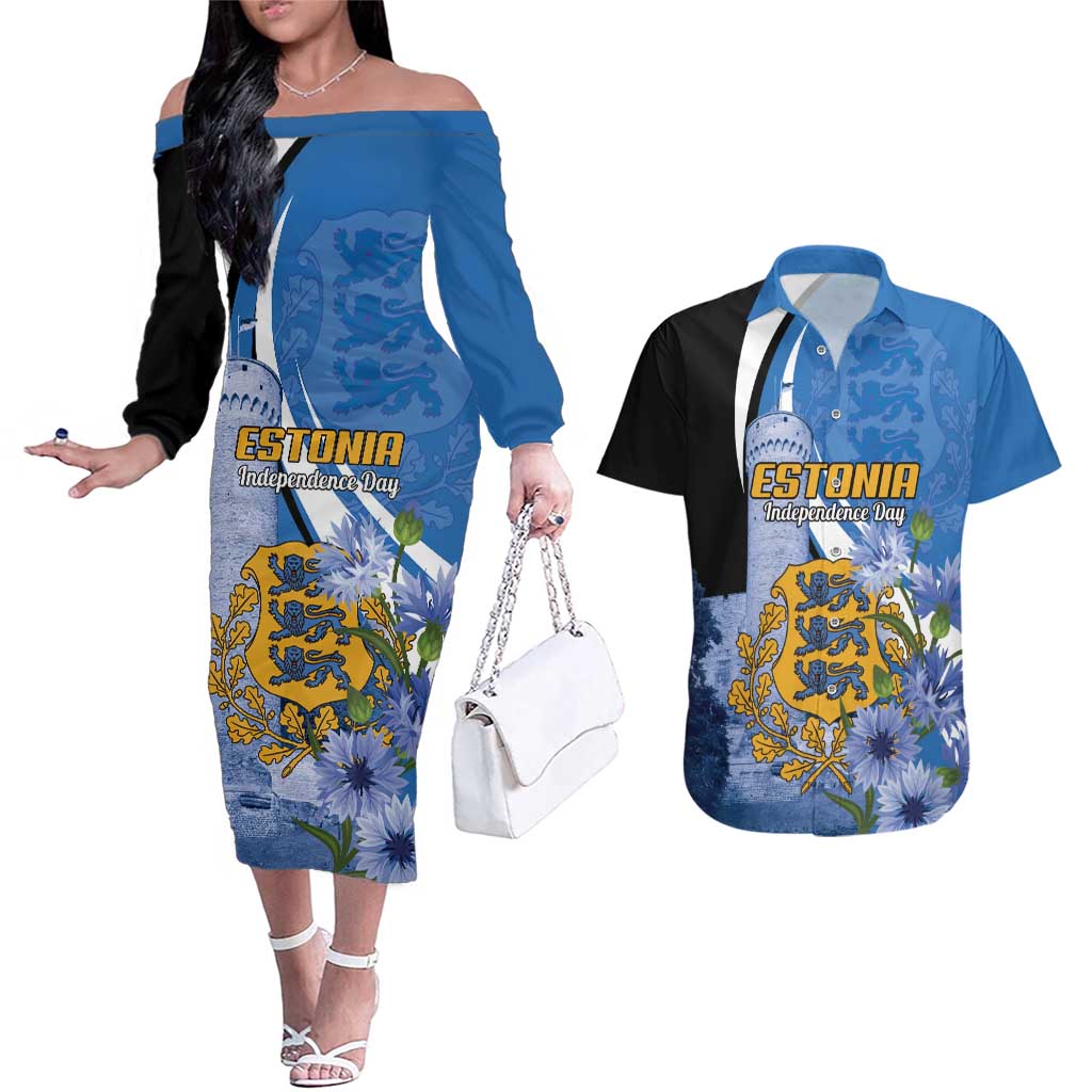 Estonia Independence Day Personalized Couples Matching Off The Shoulder Long Sleeve Dress and Hawaiian Shirt Pikk Hermann Tower Estonian Pride