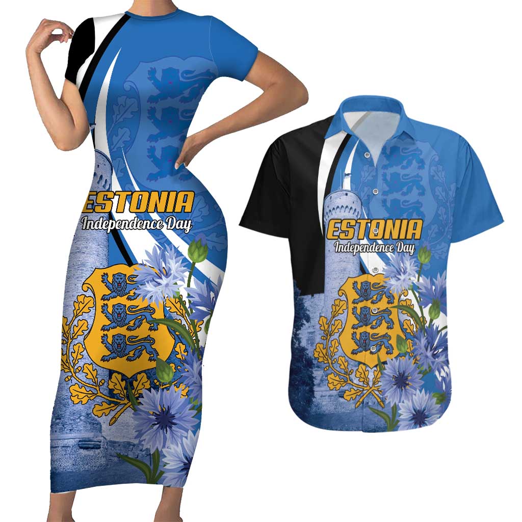 Estonia Independence Day Personalized Couples Matching Short Sleeve Bodycon Dress and Hawaiian Shirt Pikk Hermann Tower Estonian Pride