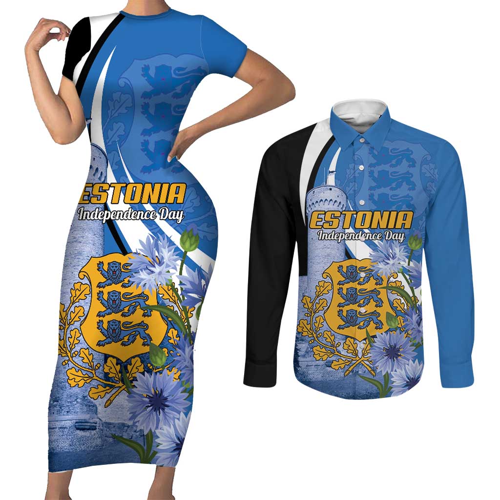 Estonia Independence Day Personalized Couples Matching Short Sleeve Bodycon Dress and Long Sleeve Button Shirt Pikk Hermann Tower Estonian Pride