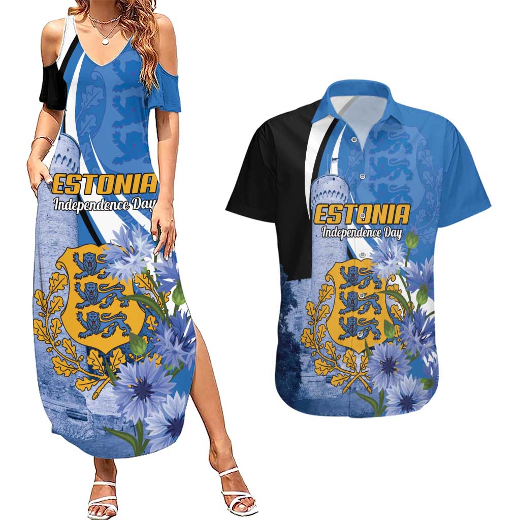 Estonia Independence Day Personalized Couples Matching Summer Maxi Dress and Hawaiian Shirt Pikk Hermann Tower Estonian Pride