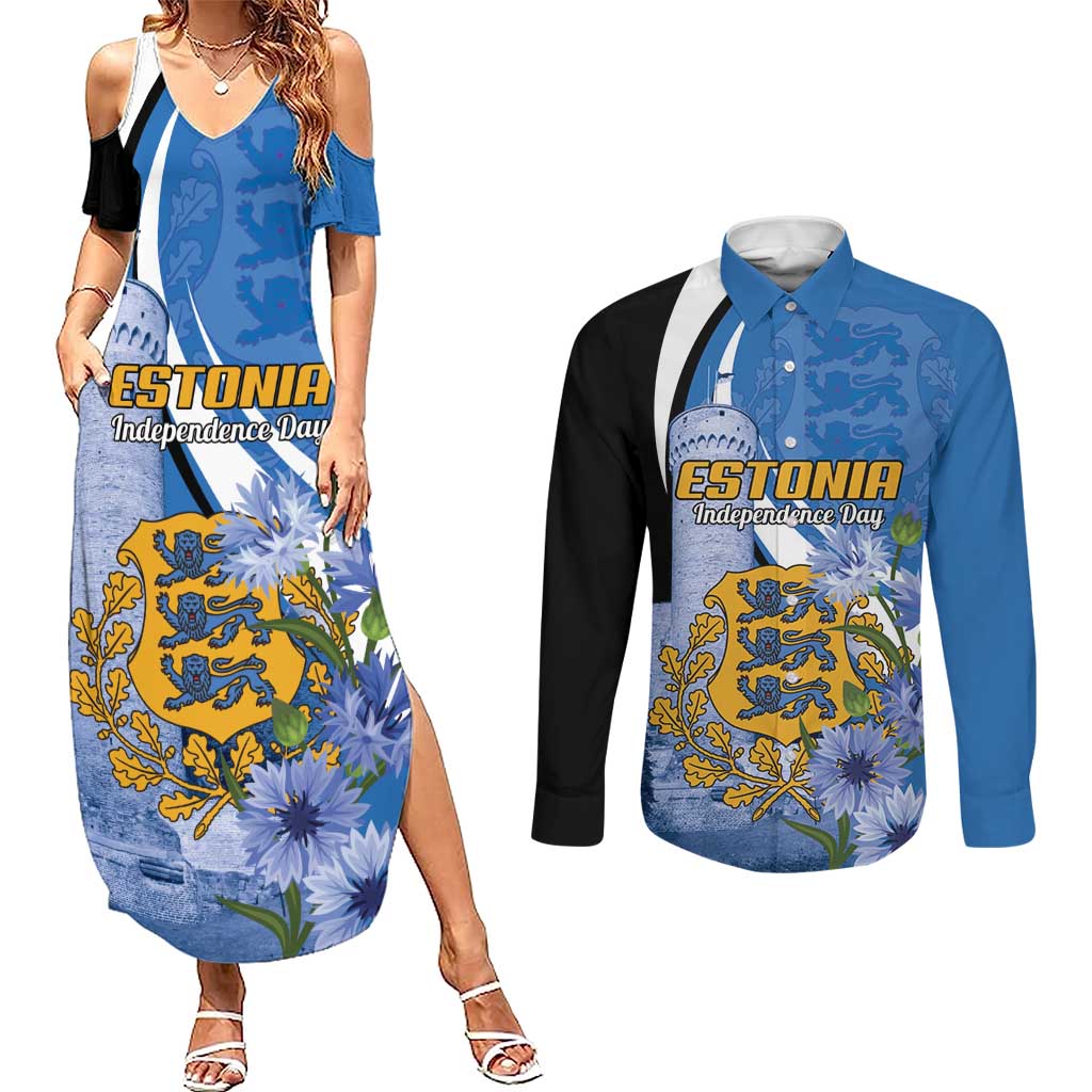 Estonia Independence Day Personalized Couples Matching Summer Maxi Dress and Long Sleeve Button Shirt Pikk Hermann Tower Estonian Pride