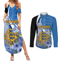 Estonia Independence Day Personalized Couples Matching Summer Maxi Dress and Long Sleeve Button Shirt Pikk Hermann Tower Estonian Pride