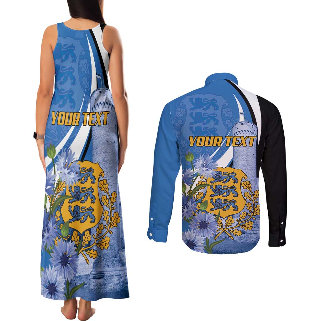 Estonia Independence Day Personalized Couples Matching Tank Maxi Dress and Long Sleeve Button Shirt Pikk Hermann Tower Estonian Pride