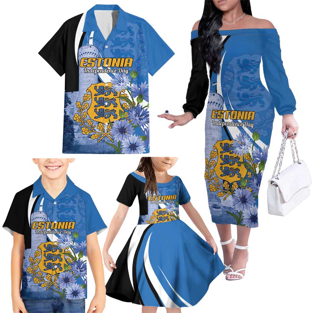 Estonia Independence Day Personalized Family Matching Off The Shoulder Long Sleeve Dress and Hawaiian Shirt Pikk Hermann Tower Estonian Pride
