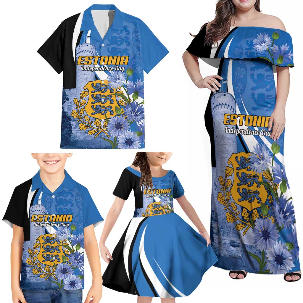 Estonia Independence Day Personalized Family Matching Off Shoulder Maxi Dress and Hawaiian Shirt Pikk Hermann Tower Estonian Pride