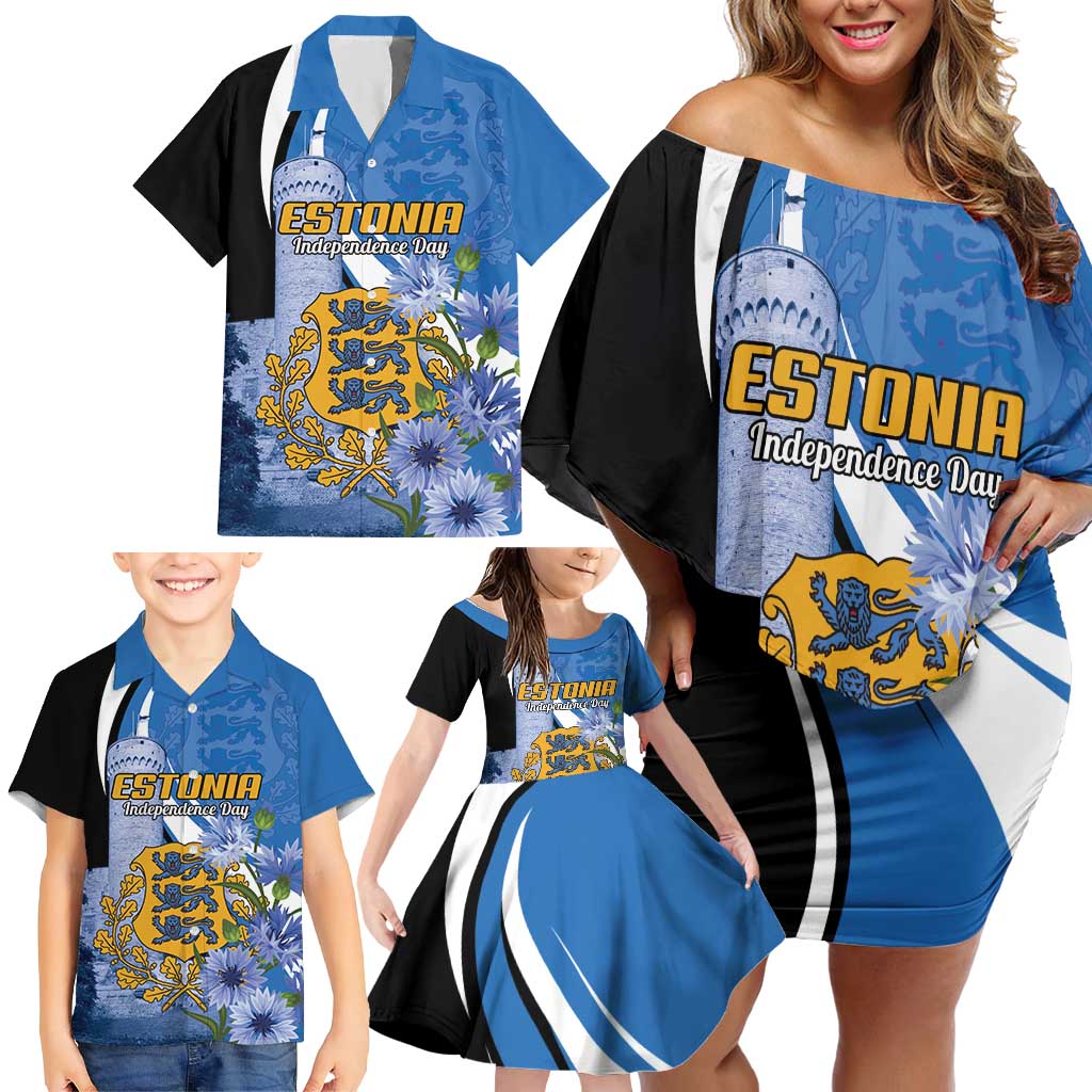 Estonia Independence Day Personalized Family Matching Off Shoulder Short Dress and Hawaiian Shirt Pikk Hermann Tower Estonian Pride