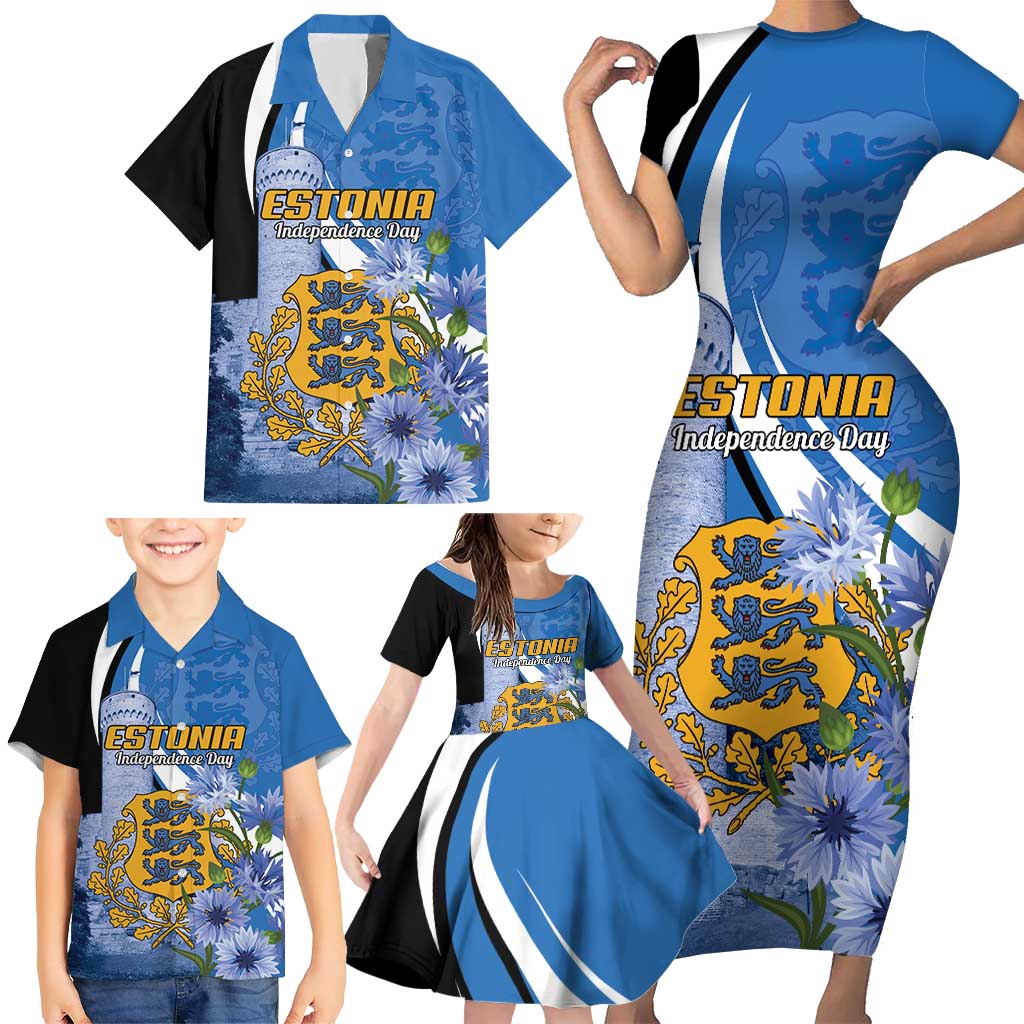 Estonia Independence Day Personalized Family Matching Short Sleeve Bodycon Dress and Hawaiian Shirt Pikk Hermann Tower Estonian Pride