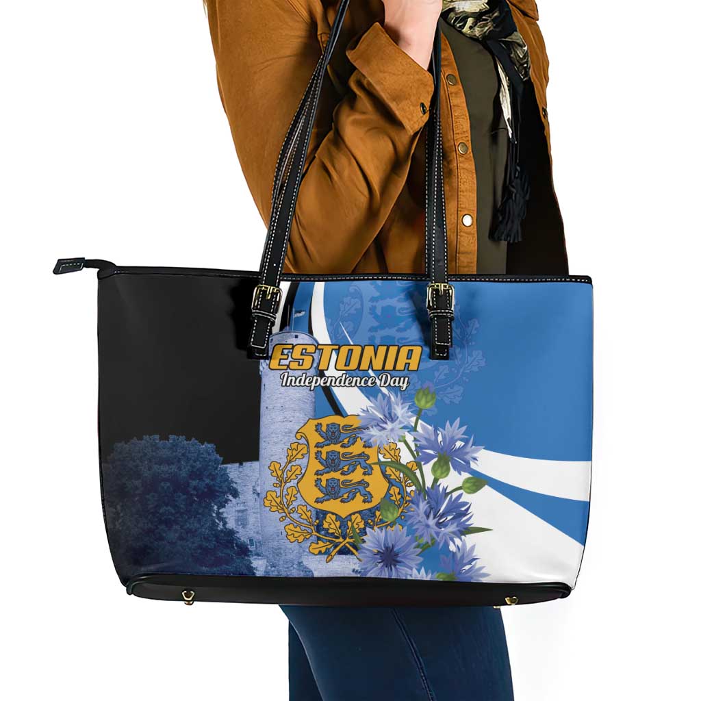 Estonia Independence Day Leather Tote Bag Pikk Hermann Tower Estonian Pride