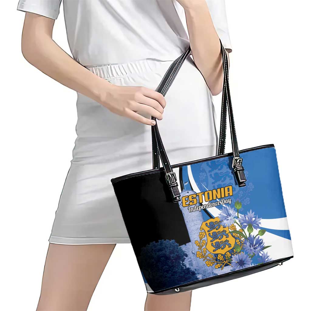 Estonia Independence Day Leather Tote Bag Pikk Hermann Tower Estonian Pride