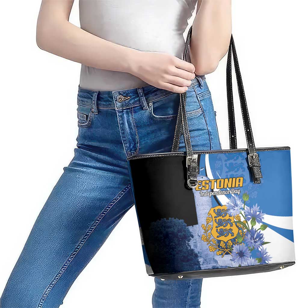 Estonia Independence Day Leather Tote Bag Pikk Hermann Tower Estonian Pride