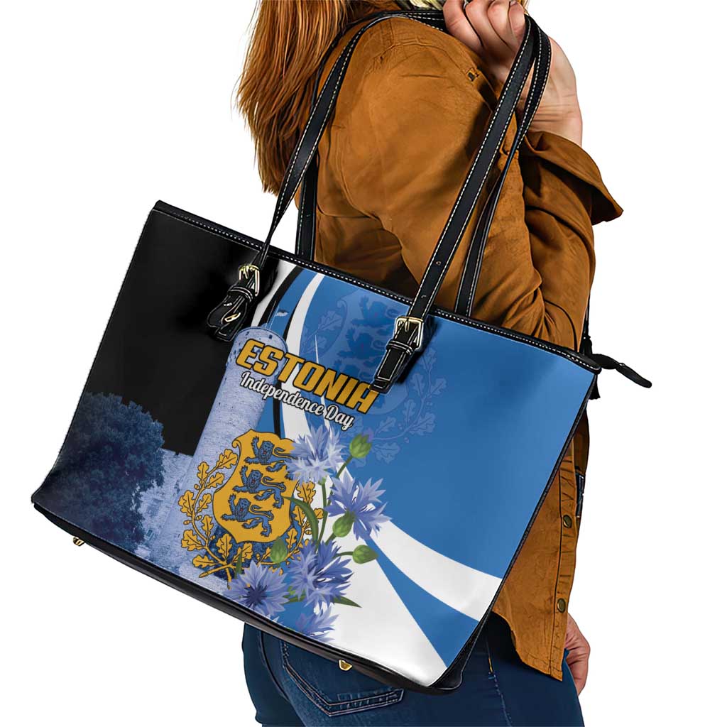 Estonia Independence Day Leather Tote Bag Pikk Hermann Tower Estonian Pride