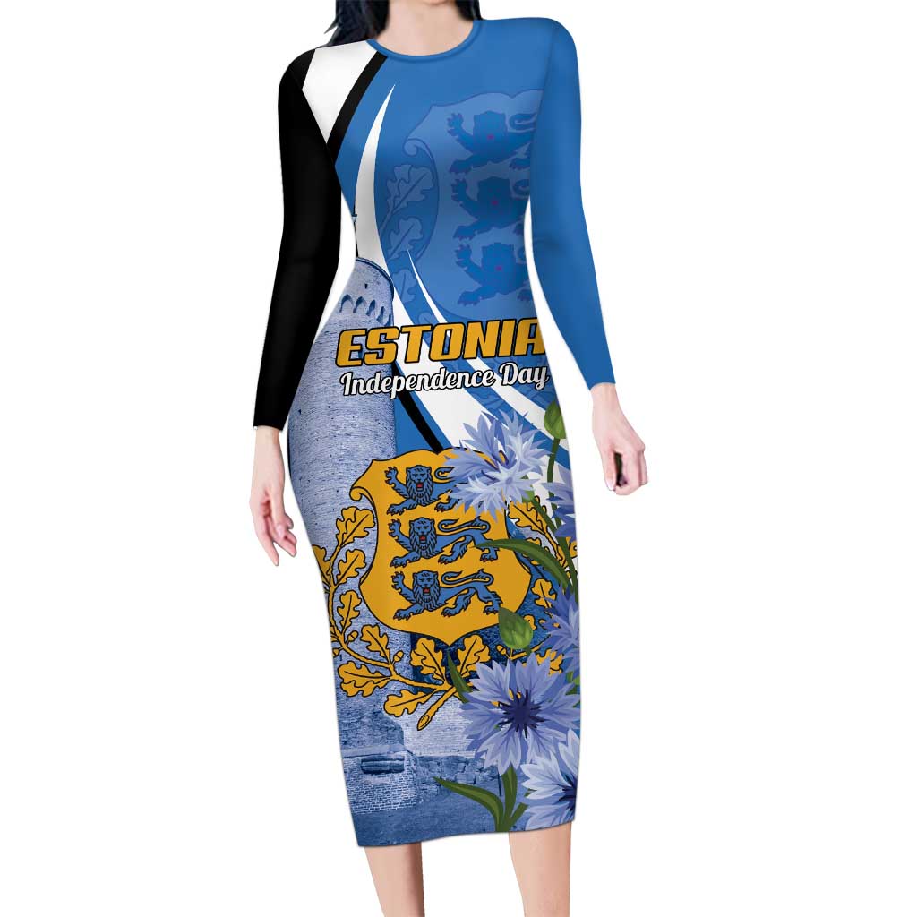 Estonia Independence Day Personalized Long Sleeve Bodycon Dress Pikk Hermann Tower Estonian Pride