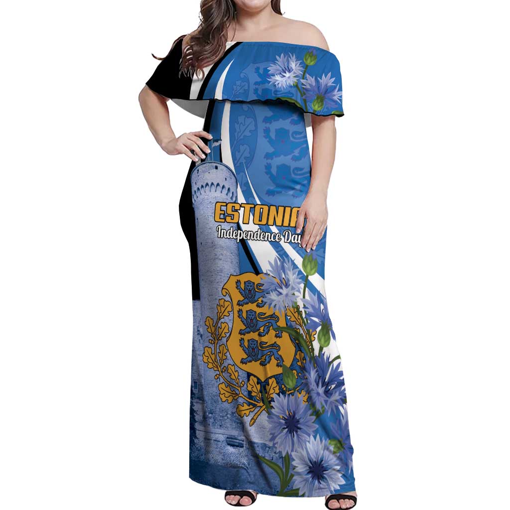 Estonia Independence Day Personalized Off Shoulder Maxi Dress Pikk Hermann Tower Estonian Pride