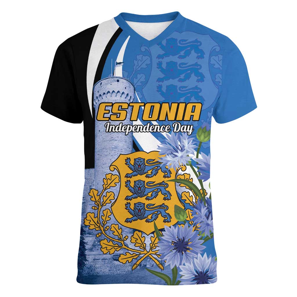 Estonia Independence Day Personalized Women V-Neck T-Shirt Pikk Hermann Tower Estonian Pride