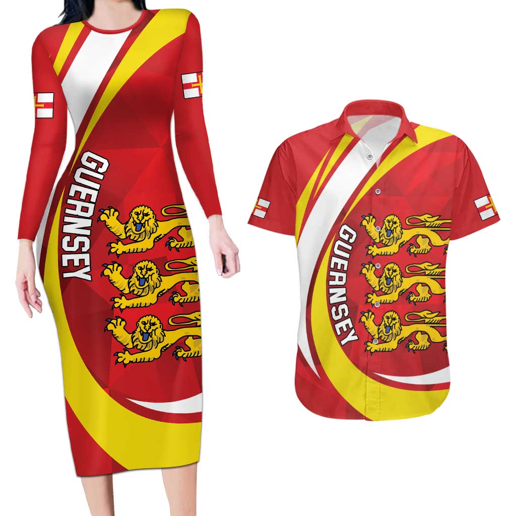 Guernsey Coat Of Arms Couples Matching Long Sleeve Bodycon Dress and Hawaiian Shirt Sporty Style
