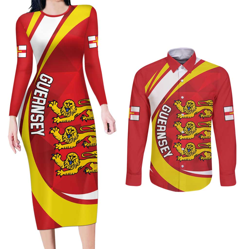Guernsey Coat Of Arms Couples Matching Long Sleeve Bodycon Dress and Long Sleeve Button Shirt Sporty Style