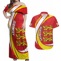 Guernsey Coat Of Arms Couples Matching Off Shoulder Maxi Dress and Hawaiian Shirt Sporty Style