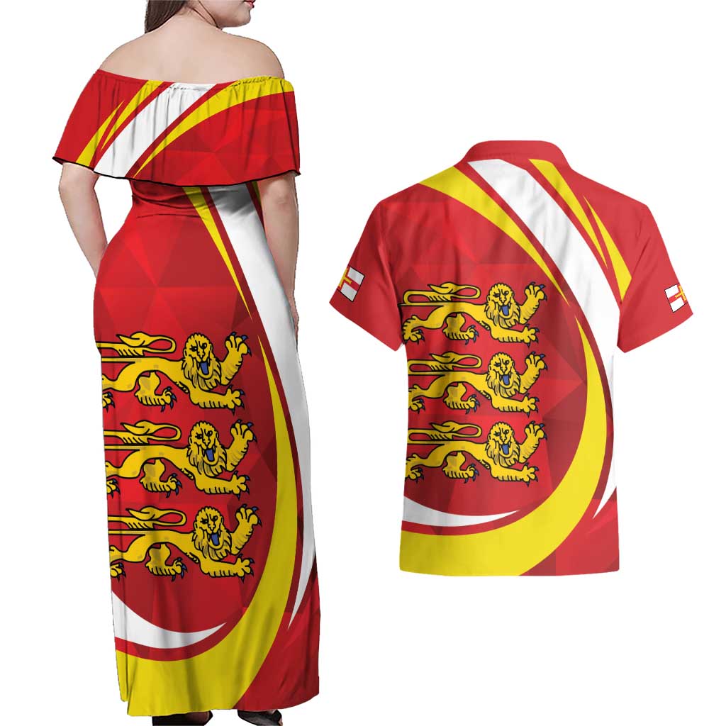 Guernsey Coat Of Arms Couples Matching Off Shoulder Maxi Dress and Hawaiian Shirt Sporty Style