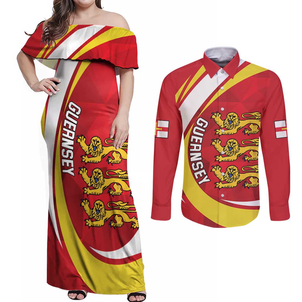 Guernsey Coat Of Arms Couples Matching Off Shoulder Maxi Dress and Long Sleeve Button Shirt Sporty Style