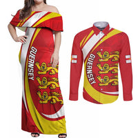 Guernsey Coat Of Arms Couples Matching Off Shoulder Maxi Dress and Long Sleeve Button Shirt Sporty Style
