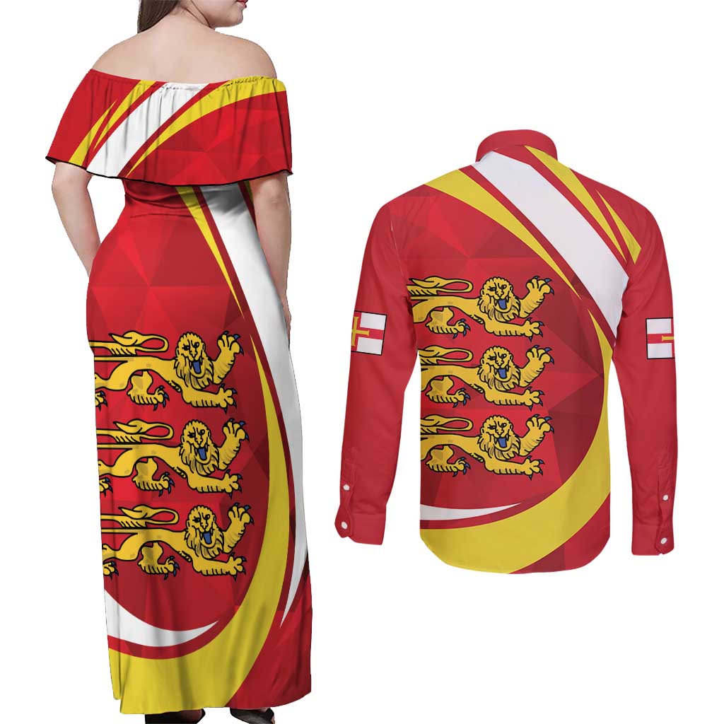 Guernsey Coat Of Arms Couples Matching Off Shoulder Maxi Dress and Long Sleeve Button Shirt Sporty Style