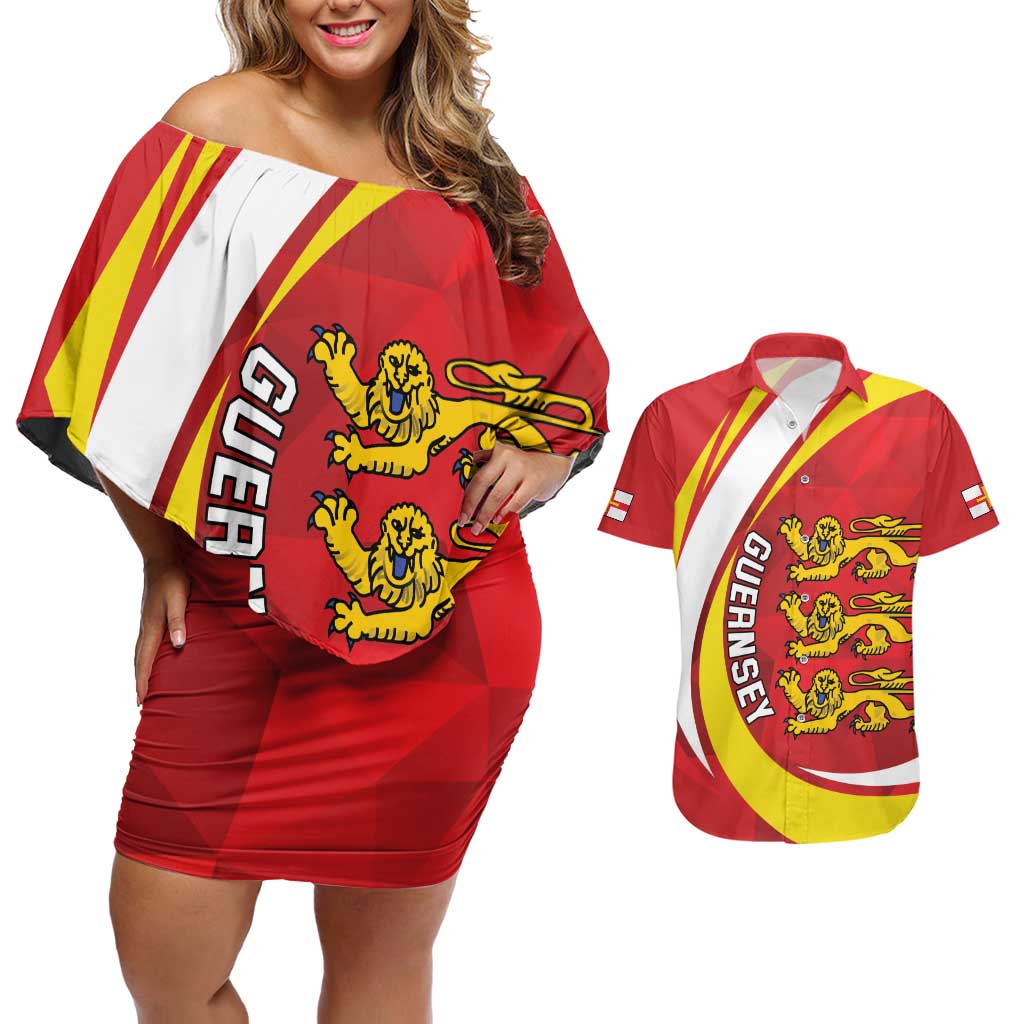 Guernsey Coat Of Arms Couples Matching Off Shoulder Short Dress and Hawaiian Shirt Sporty Style