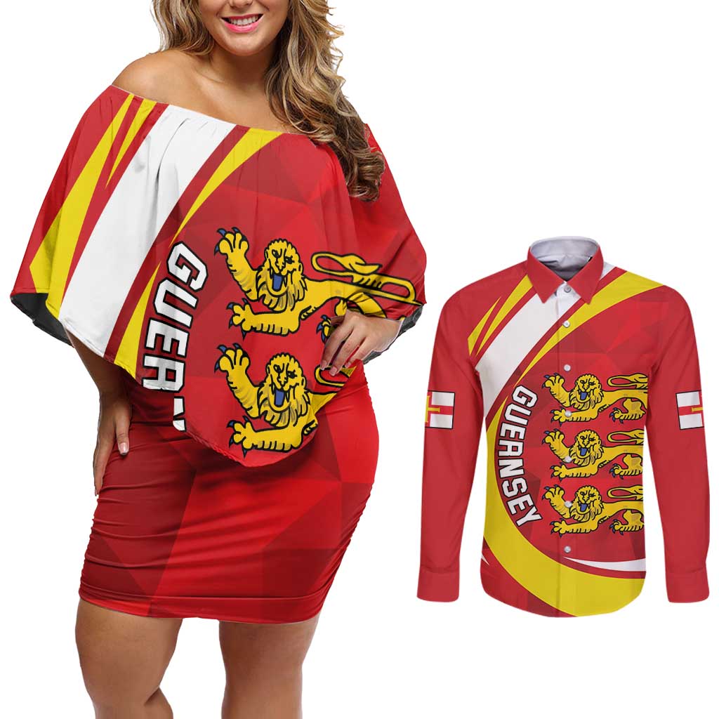 Guernsey Coat Of Arms Couples Matching Off Shoulder Short Dress and Long Sleeve Button Shirt Sporty Style