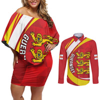 Guernsey Coat Of Arms Couples Matching Off Shoulder Short Dress and Long Sleeve Button Shirt Sporty Style