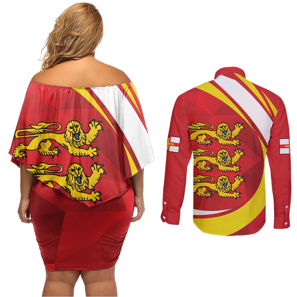 Guernsey Coat Of Arms Couples Matching Off Shoulder Short Dress and Long Sleeve Button Shirt Sporty Style